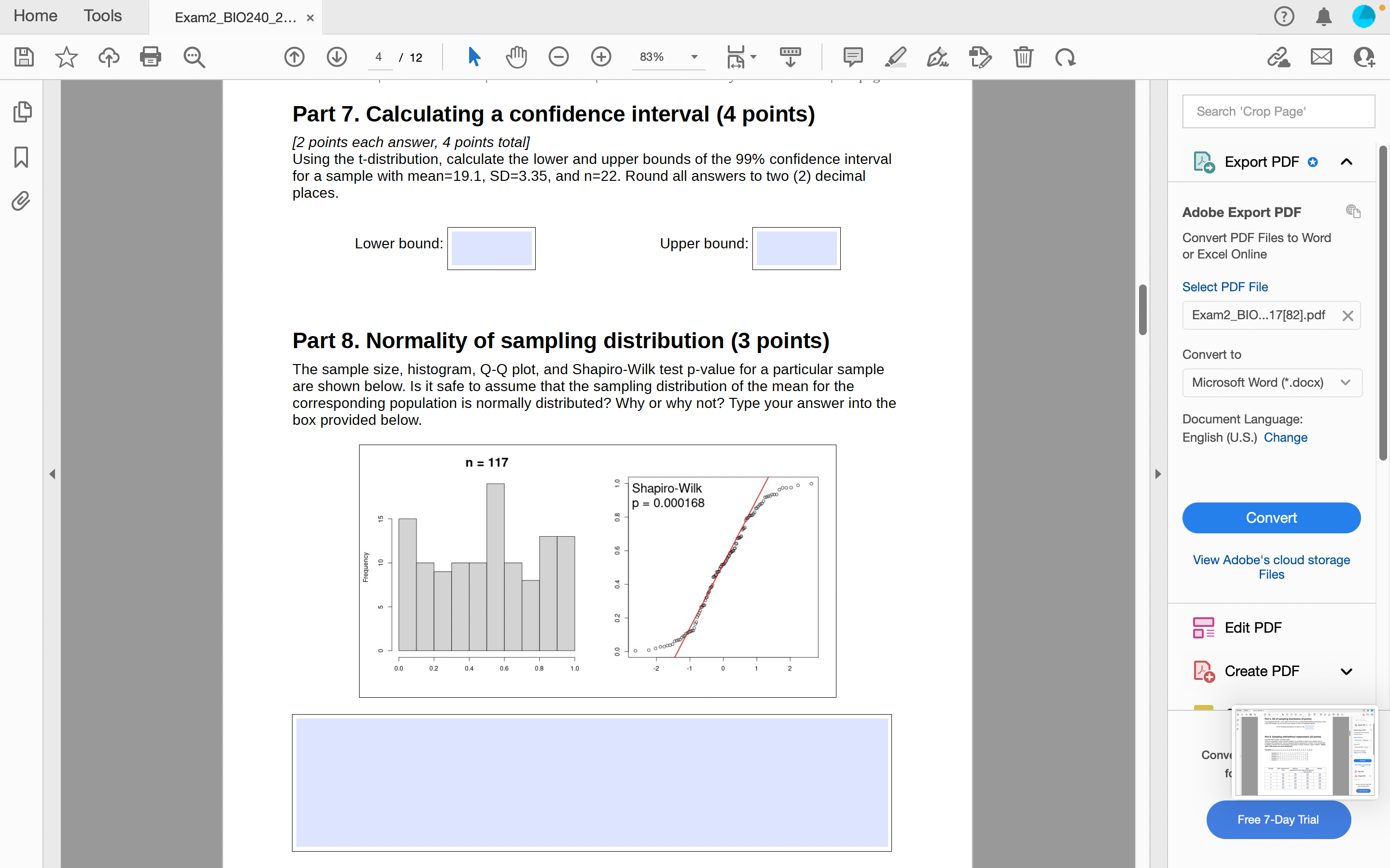 points each answer, 4 points total] W Using the t-distribution, calculate the