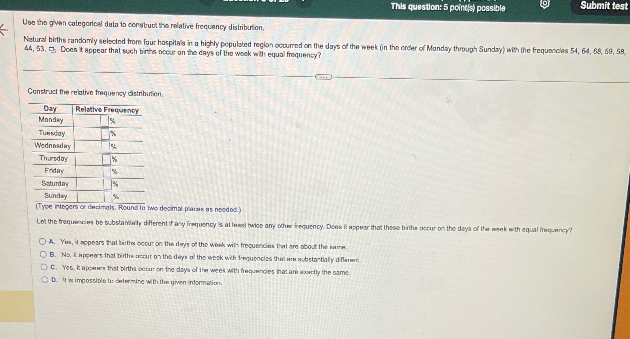  This question: 5 point(s) possible Submit test Use the given categorical