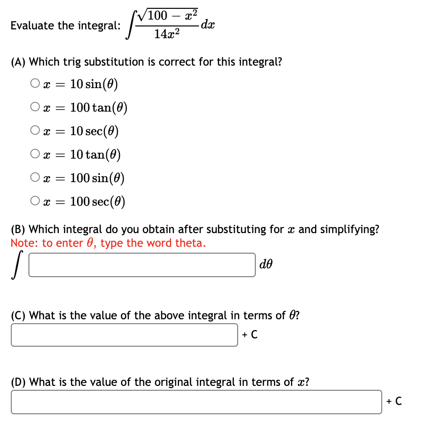 correct for this integral? 0 a: = 93in(l9) O a: = 3sin(l9)