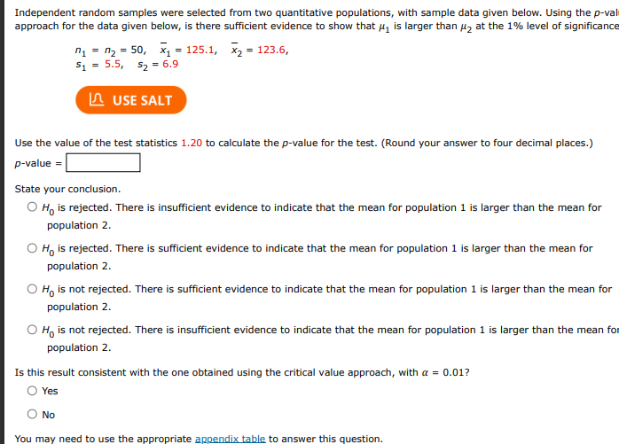  Independent random samples were selected from two quantitative populations, with sample