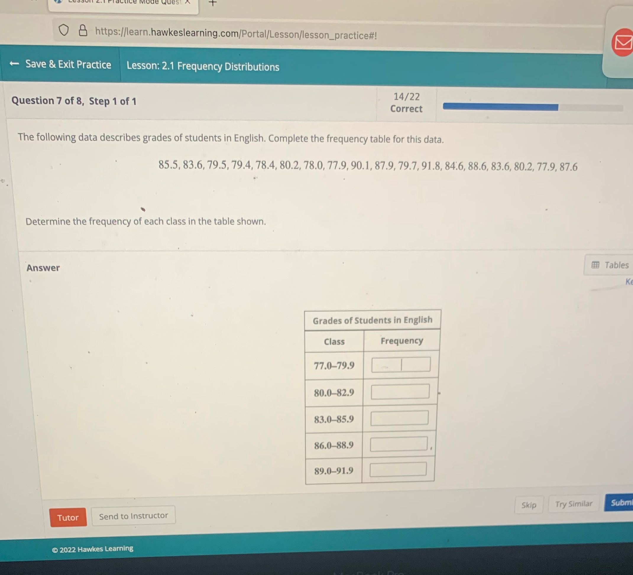  O & https:/learn.hawkeslearning.com/Portal/Lesson/lesson_practice#! + Save & Exit Practice Lesson: 2.1 Frequency