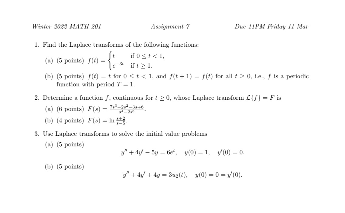  Winter 2022 MATH 201 Assignment 7 Due 11PM Friday 11 Mar