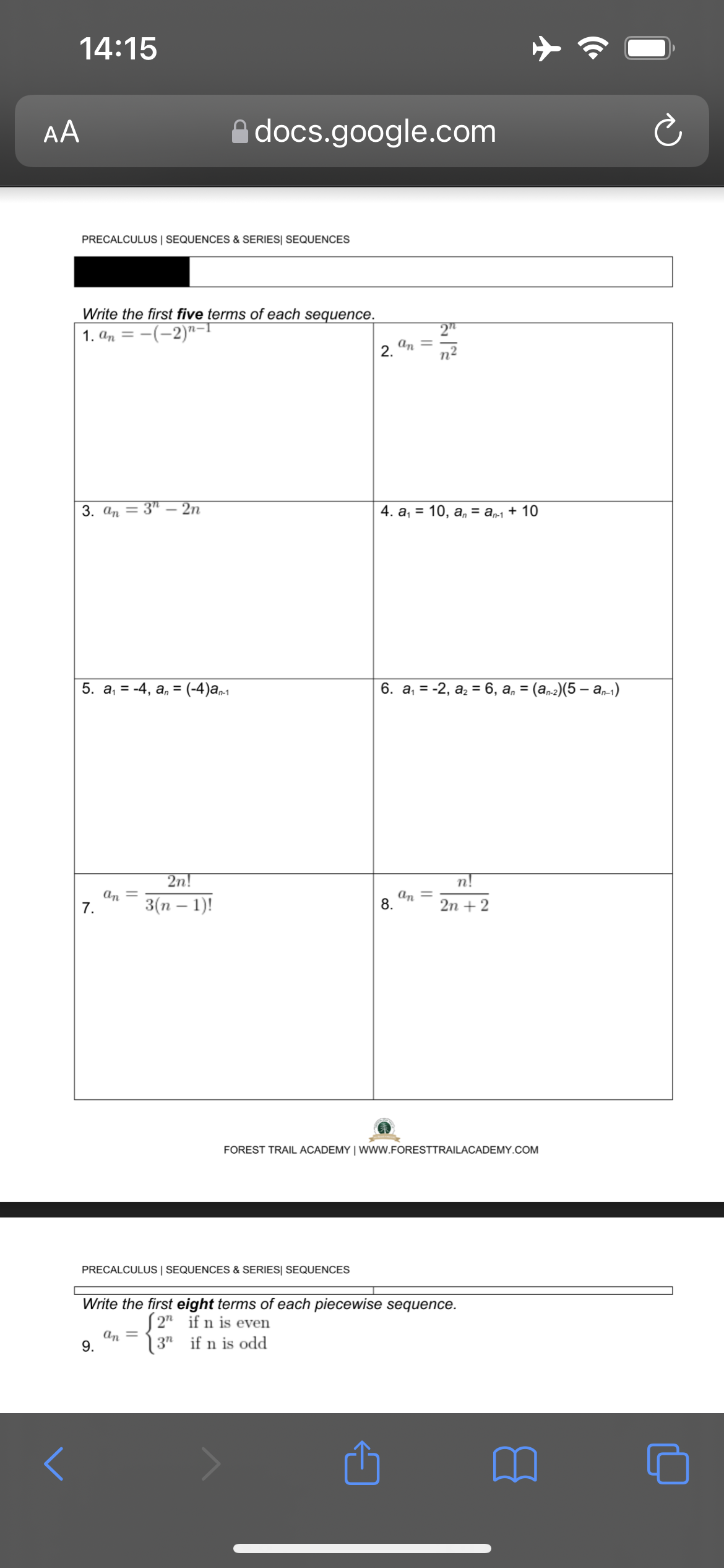 eight terms of each piecewise sequence. 2" if n is even 9.