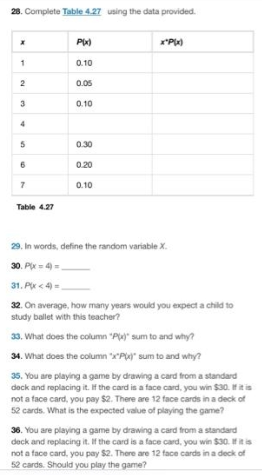 0.05 0.10 0.30 6 0.20 7 0.10 Table 4.27 29, In words,