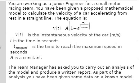 racing team. You have been given a proposed mathematical model to calculate