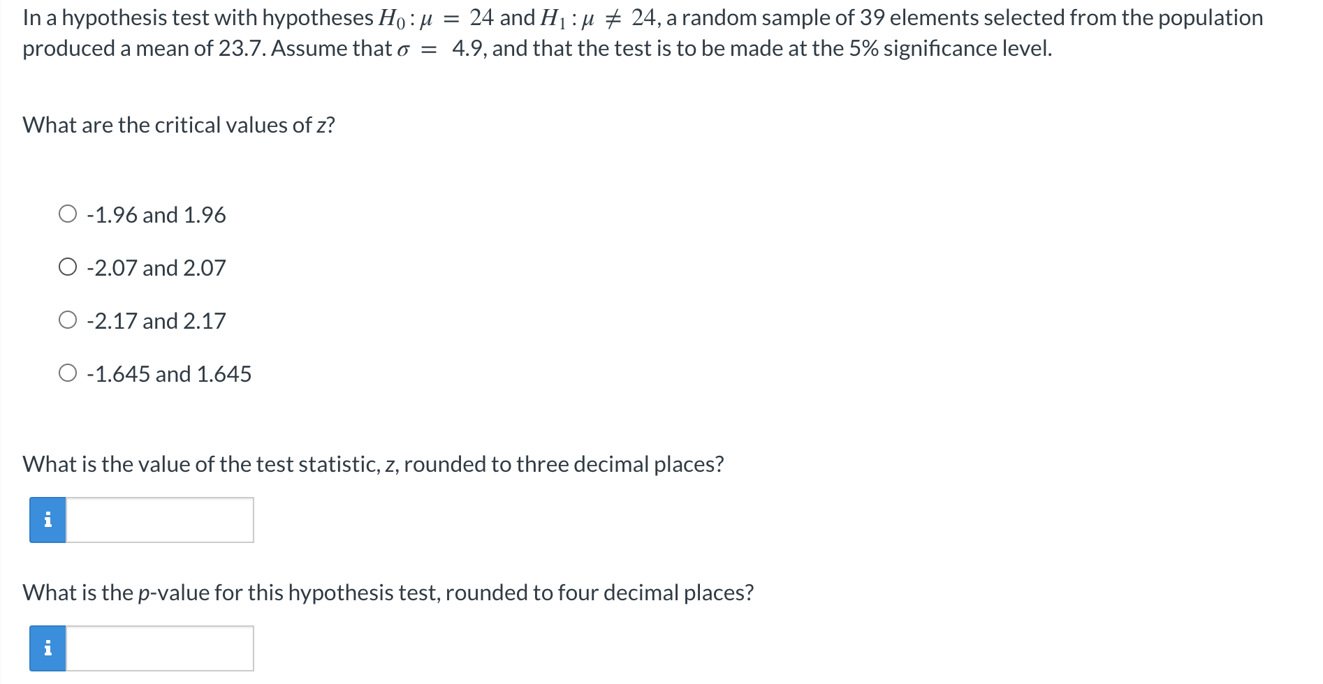 Ho : M 45, a random sample of 68 elements selected from