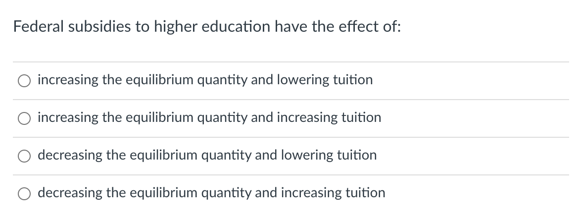 know Federal subsidies to higher education have the effect of: 0 increasing