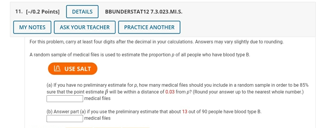 help please 11. [-/0.2 Points] DETAILS BBUNDERSTAT12 7.3.023.MI.S. MY NOTES ASK YOUR