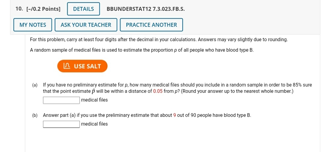 help please 10. [10.2 Points] DETAILS BBUNDERSTAT12 7.3.023.FB.S. MY NOTES ASK YOUR