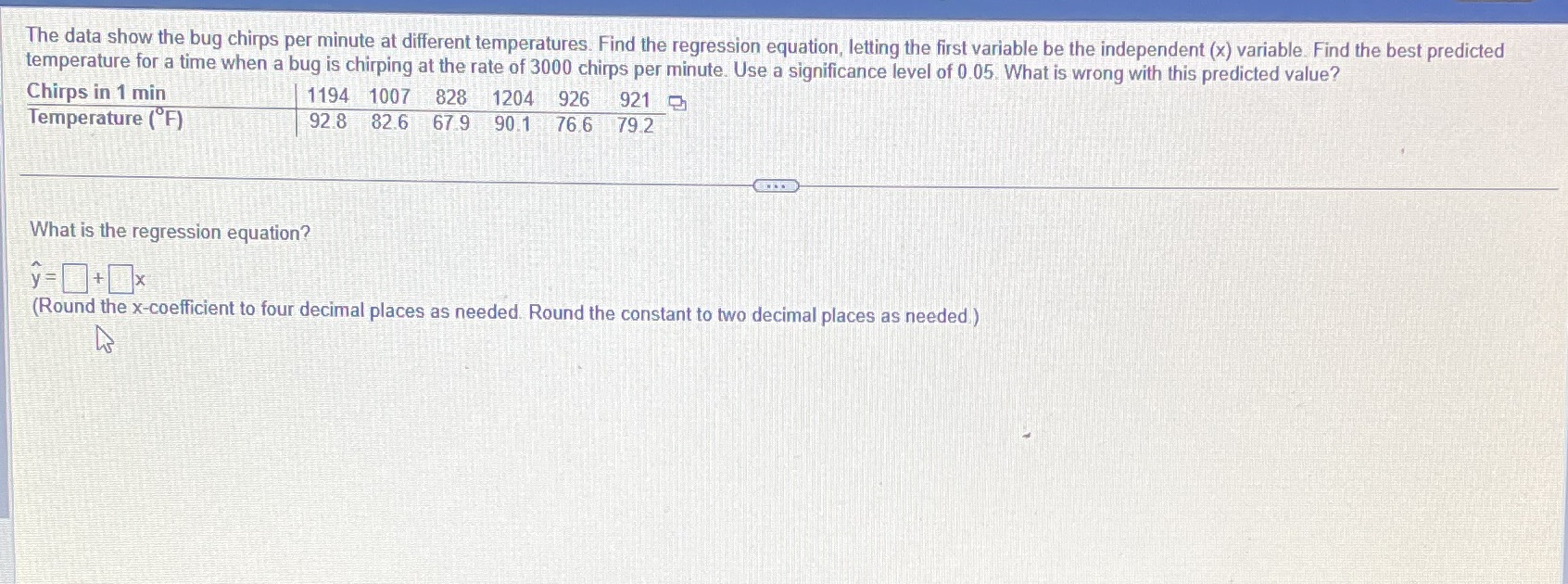  The data show the bug chirps per minute at different temperatures.