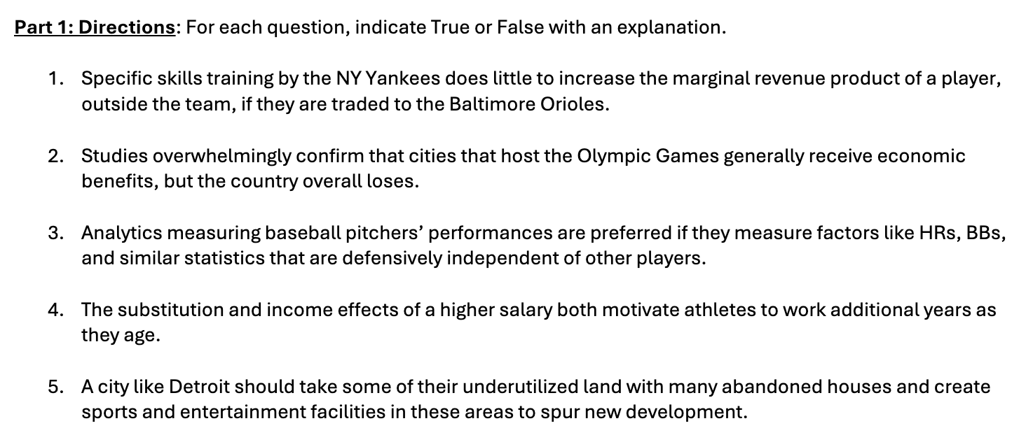  Part 1: Directions: For each question, indicate True or False with