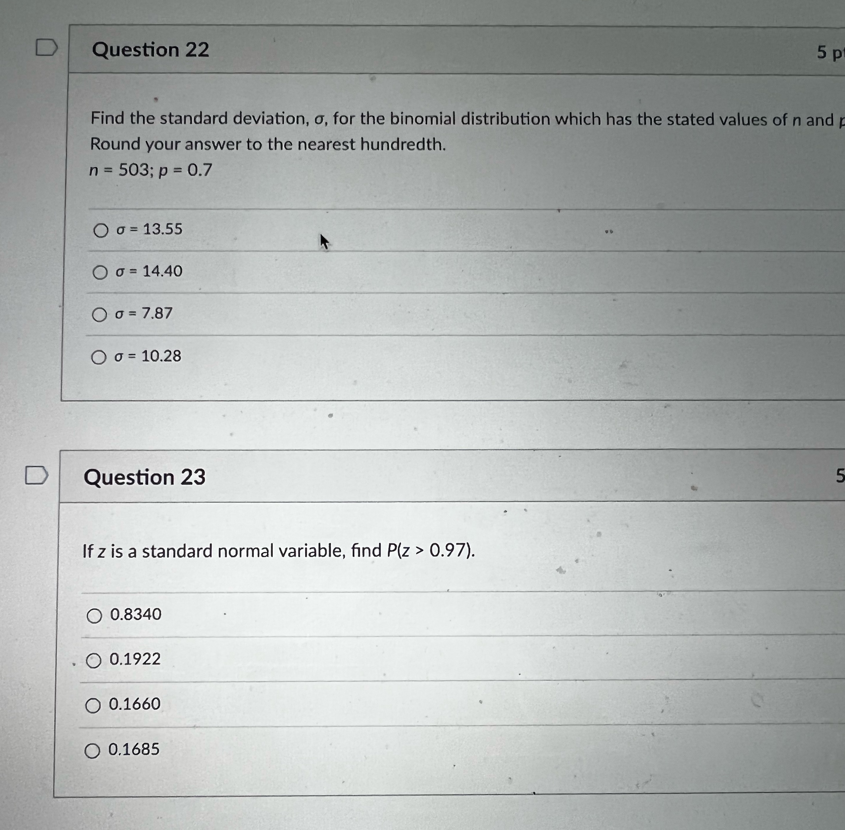 D Question 22 5 p Find the standard deviation, o, for