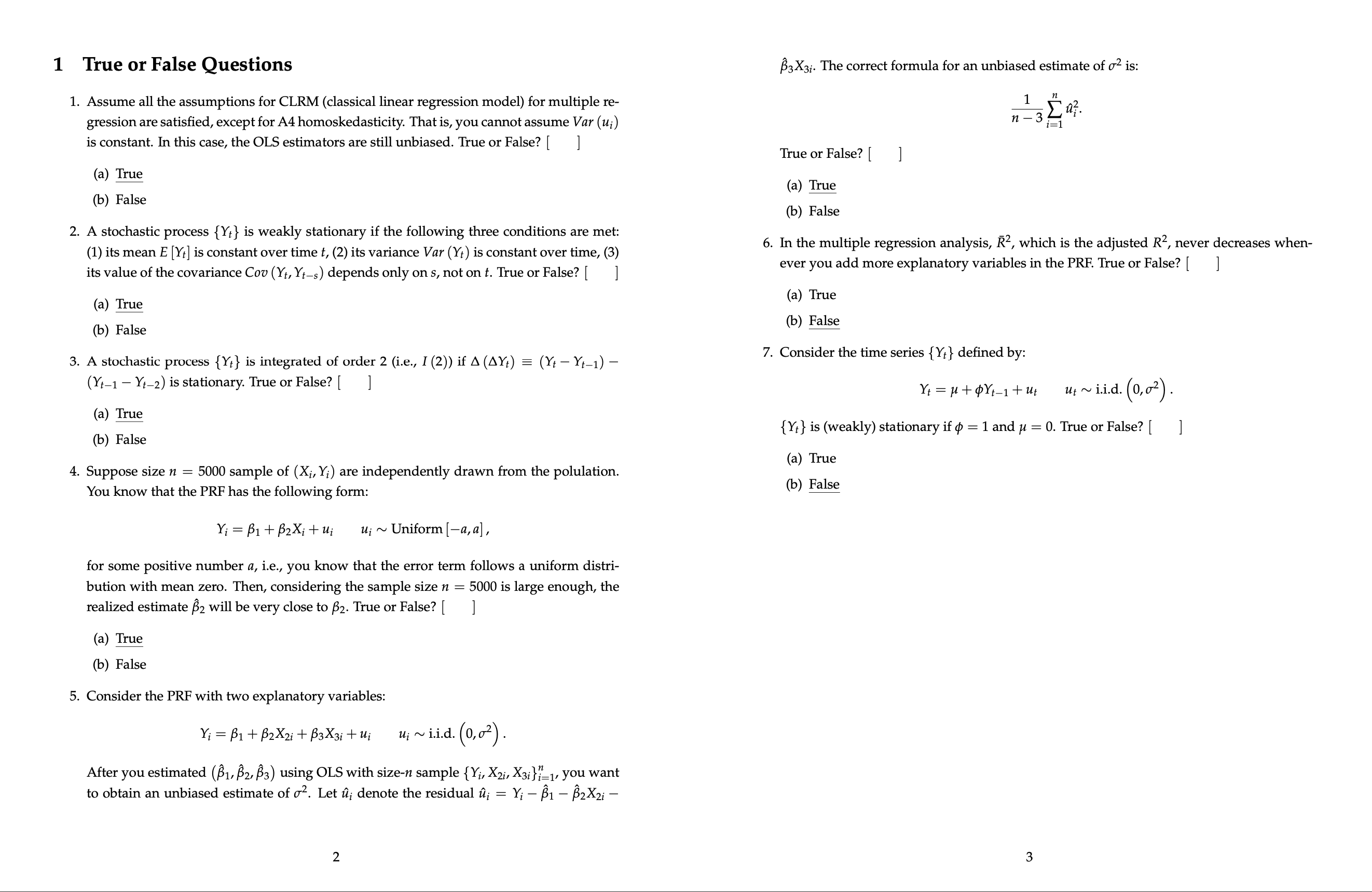 unbiased estimate of U2 is: 1. Assume all the assumptions for CLRM