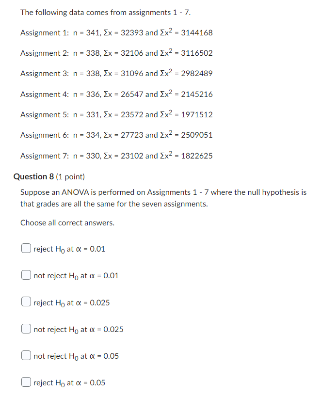  The following data comes from assignments 1 - 7. Assignment 1: