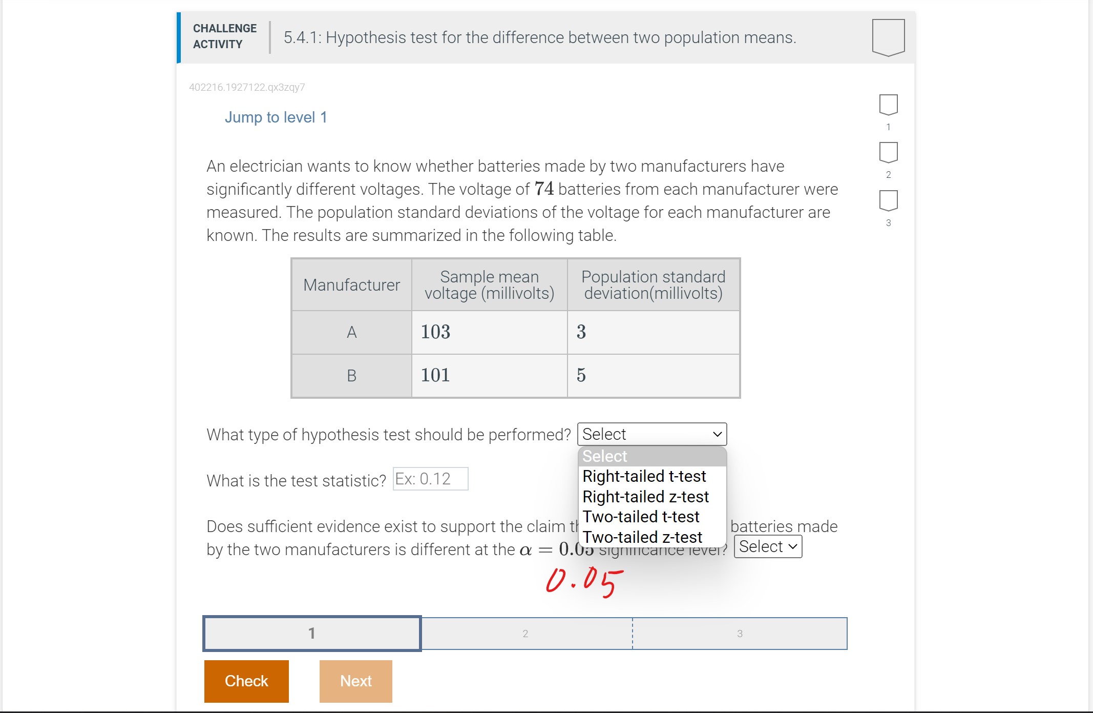 CHALLENGE ACTIVITY 5.4.1: Hypothesis test for the difference between two population