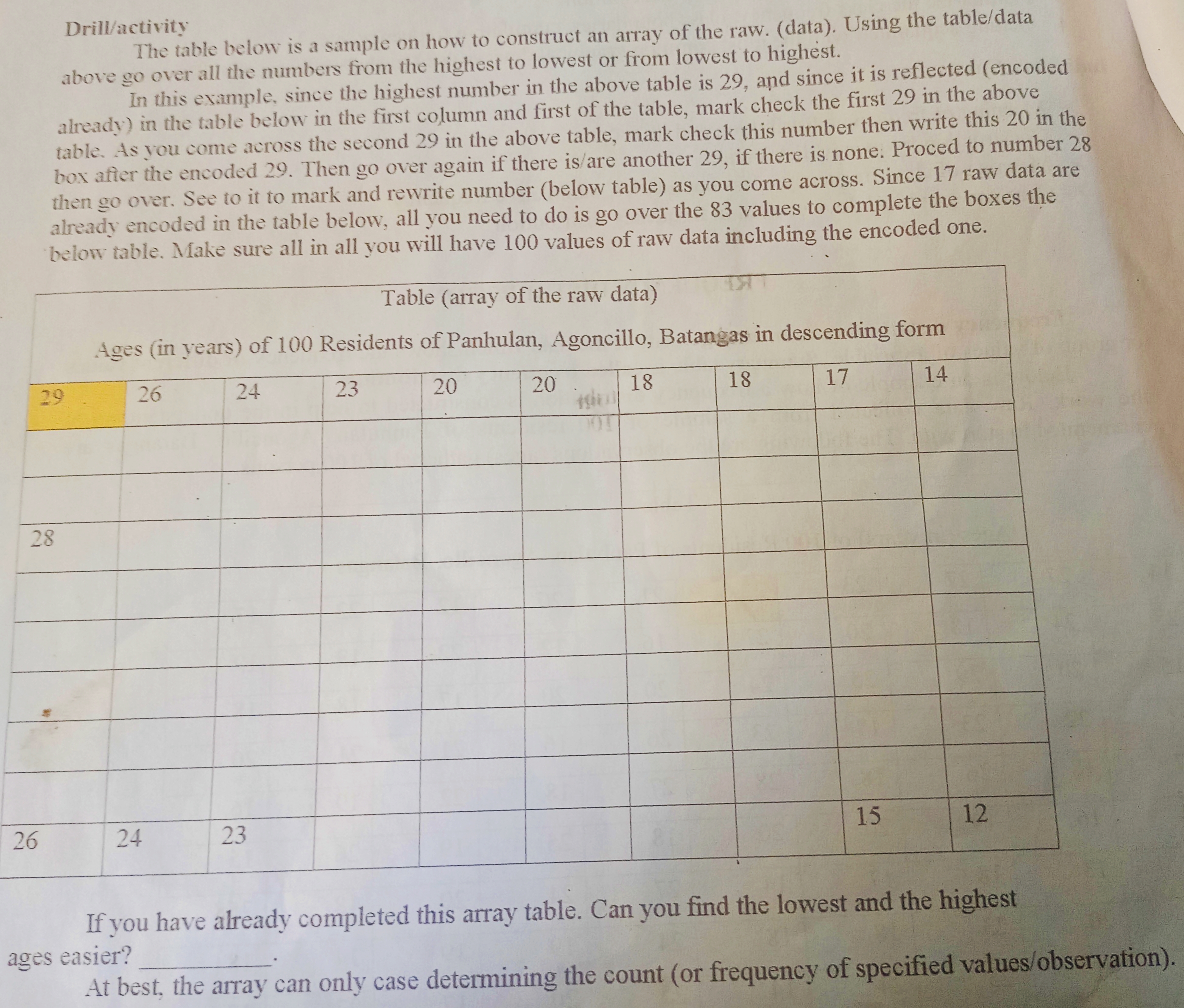 The table below is a sample on how to construct an array