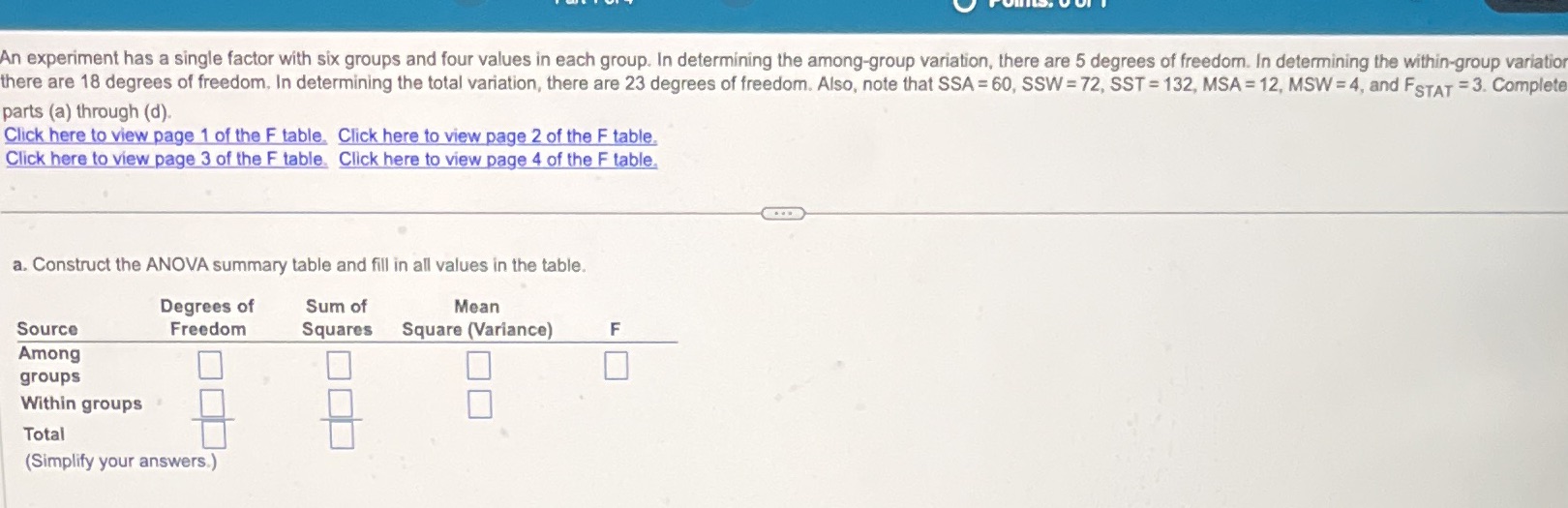 Hw 8,2 An experiment has a single factor with six groups and