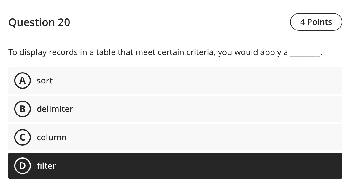 the categories in an OLAP cube. Question 25 The add-in assists with