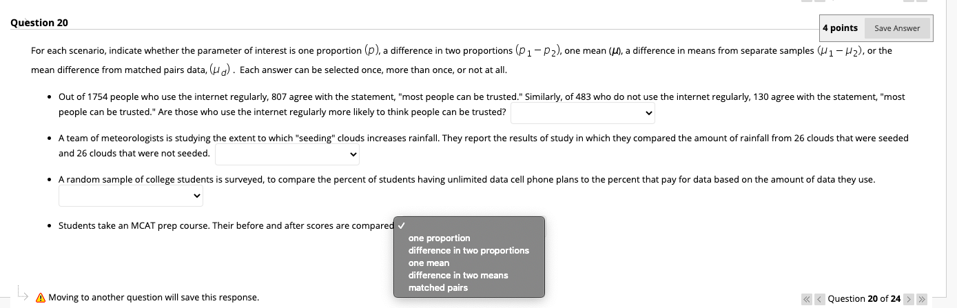  Question 20 4 points Save Answer For each scenario, indicate whether