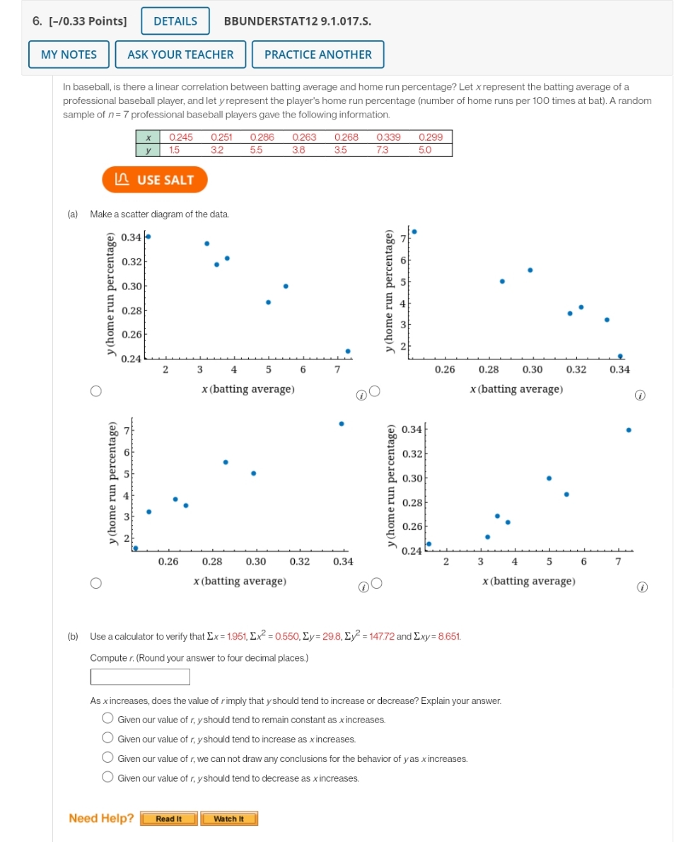 help please 6. [-/0.33 Points] DETAILS BBUNDERSTAT12 9.1.017.S. MY NOTES ASK YOUR