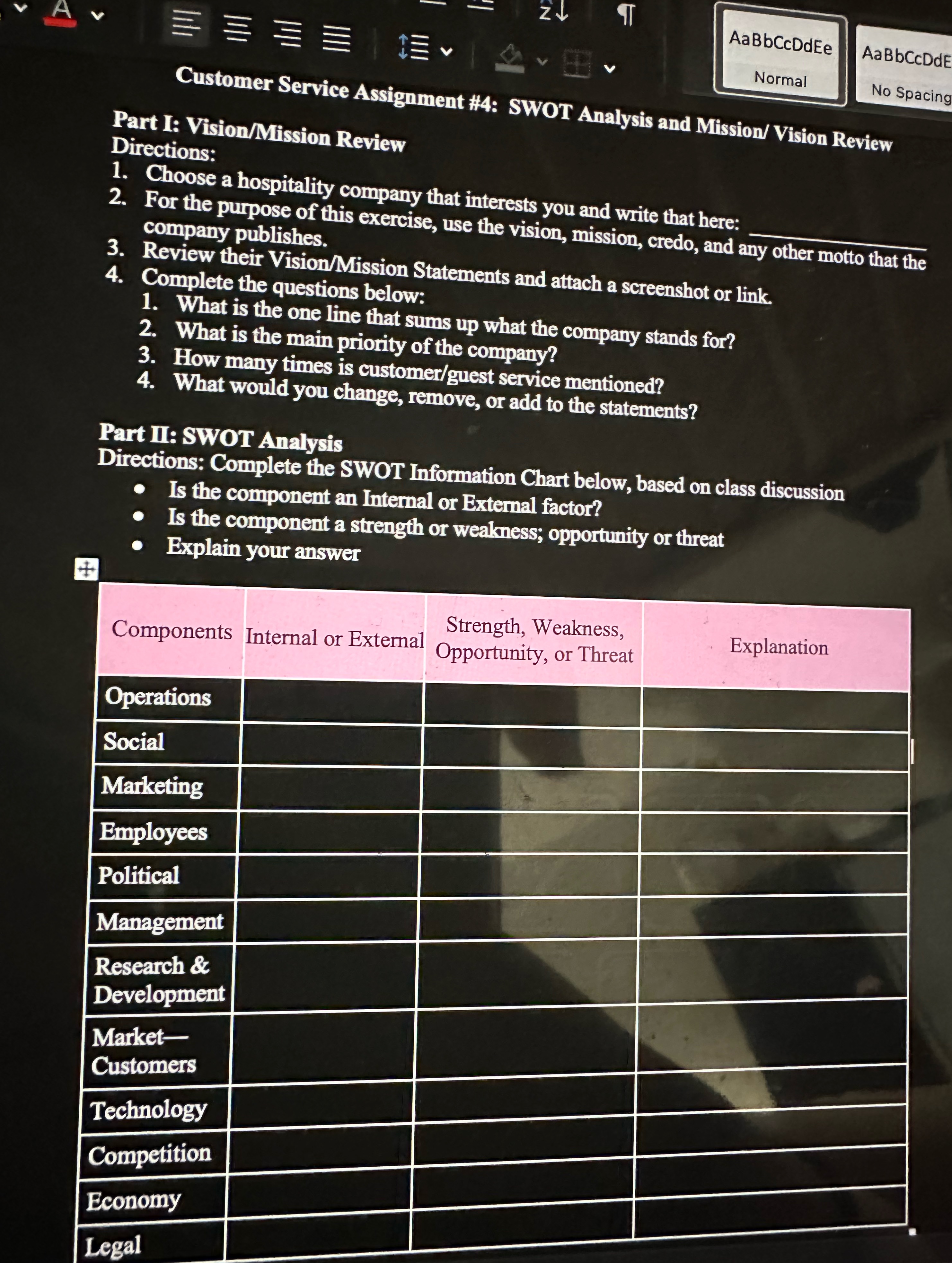  IT AaBbCcDdEe AaBbCcDdE Normal No Spacing Customer Service Assignment #4: SWOT