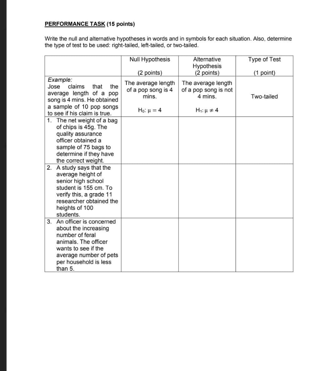  PERFORMANCE TASK (15 points) Write the null and alternative hypotheses in