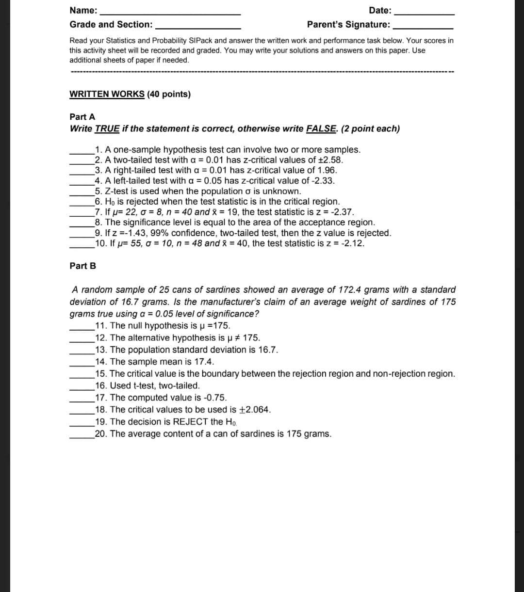 of Test Hypothesis (2 points) (2 points) (1 point) Example: Jose claims
