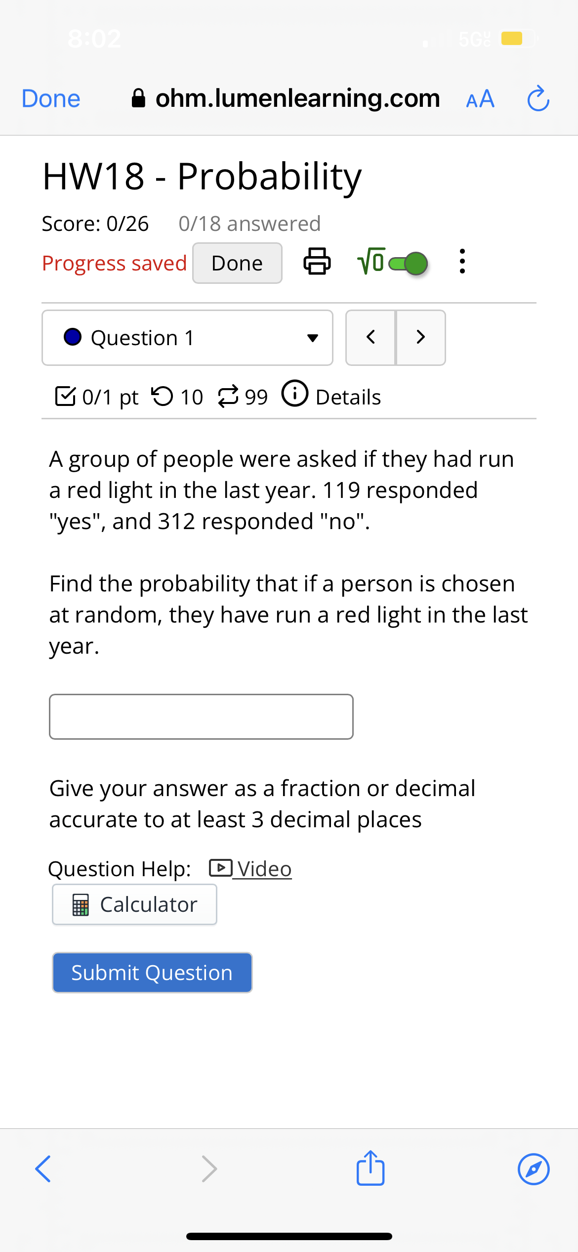 Done Bohm.lumenlearning.com AA 0 HW18 - Probability Score: 0/26 0/18 answered