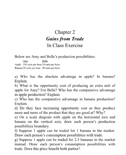 Answer A to g Chapter 2 Gains from Trade In Class Exercise
