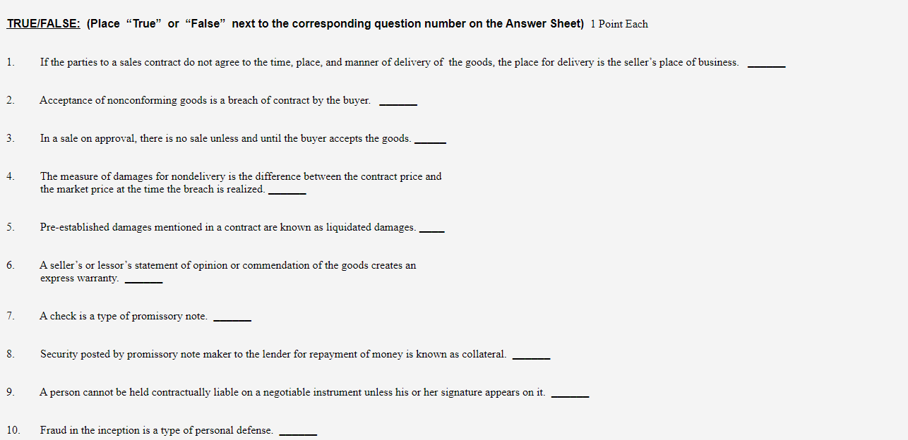 the Answer Sheet) 1 Point Each 1. If the parties to a