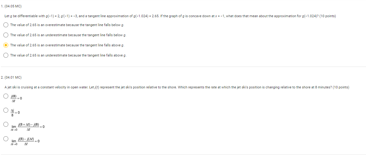 value of 2.65 is an overestimate because the tangent line falls below