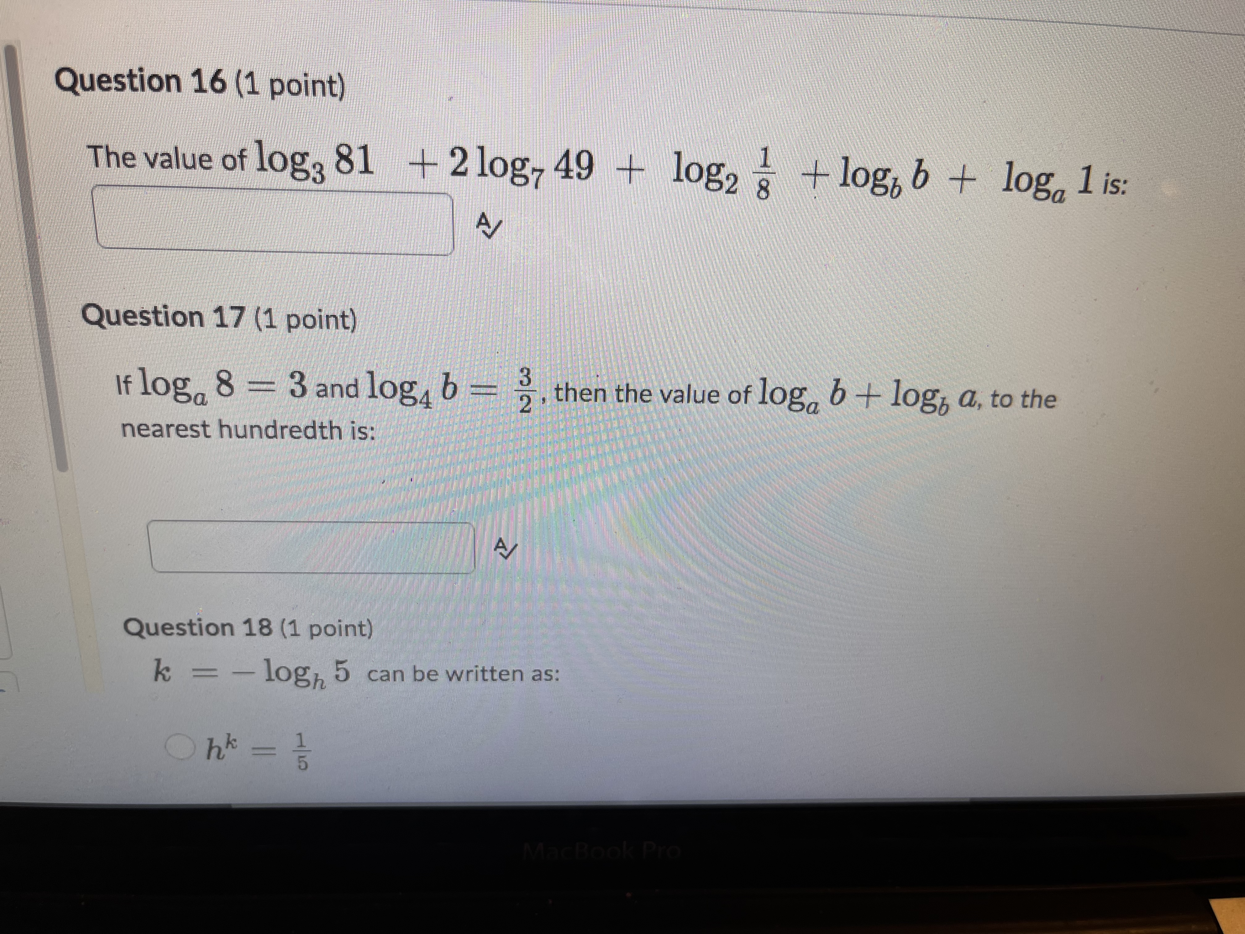 point) Given the table below and log, (a + b) = y