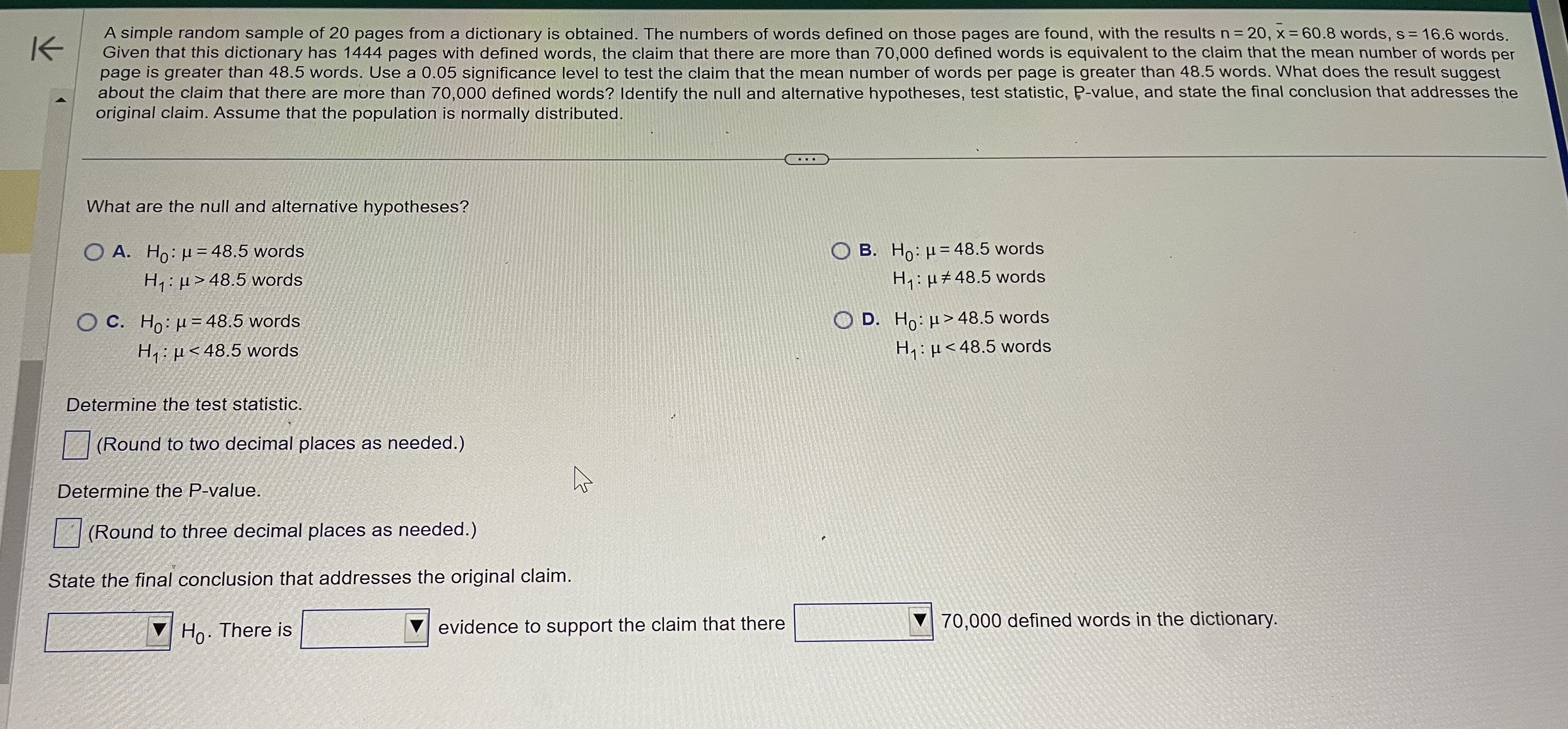  K A simple random sample of 20 pages from a dictionary