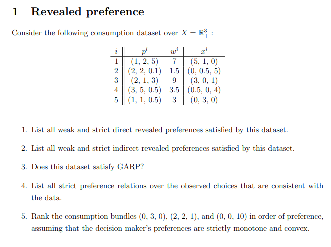 1 Revealed preference Consider the following consumption dataset over X = R