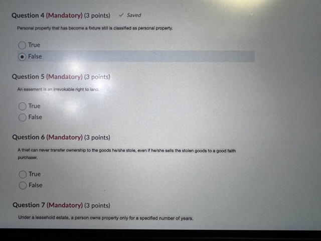 @False Question 2 (Mandatory) points) by e m" in aty as as