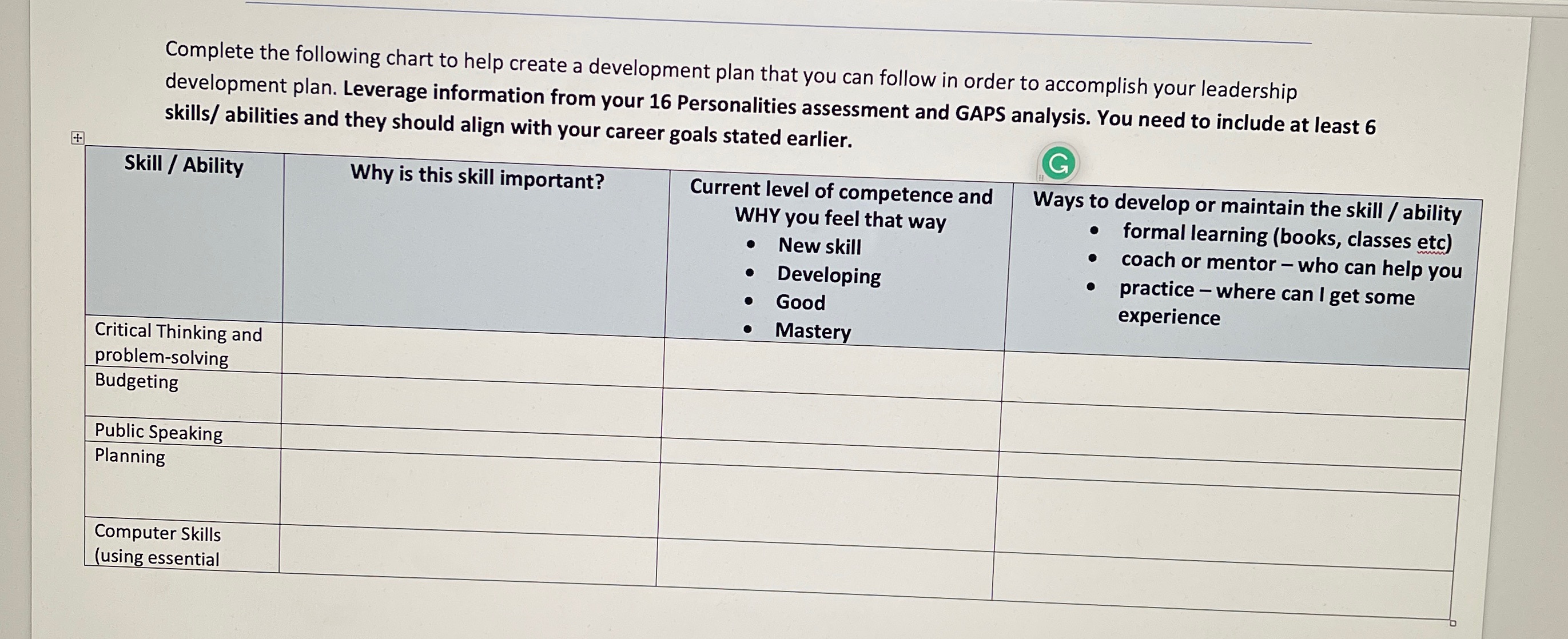 Complete the following chart to help create a development plan that