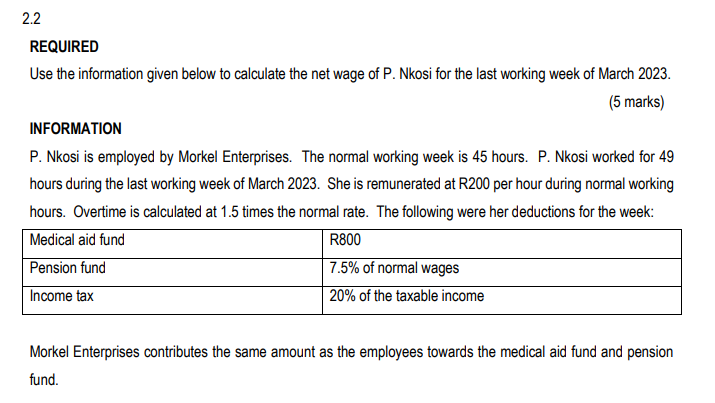 wage of P. Nkosi for the last working week of March 2023.