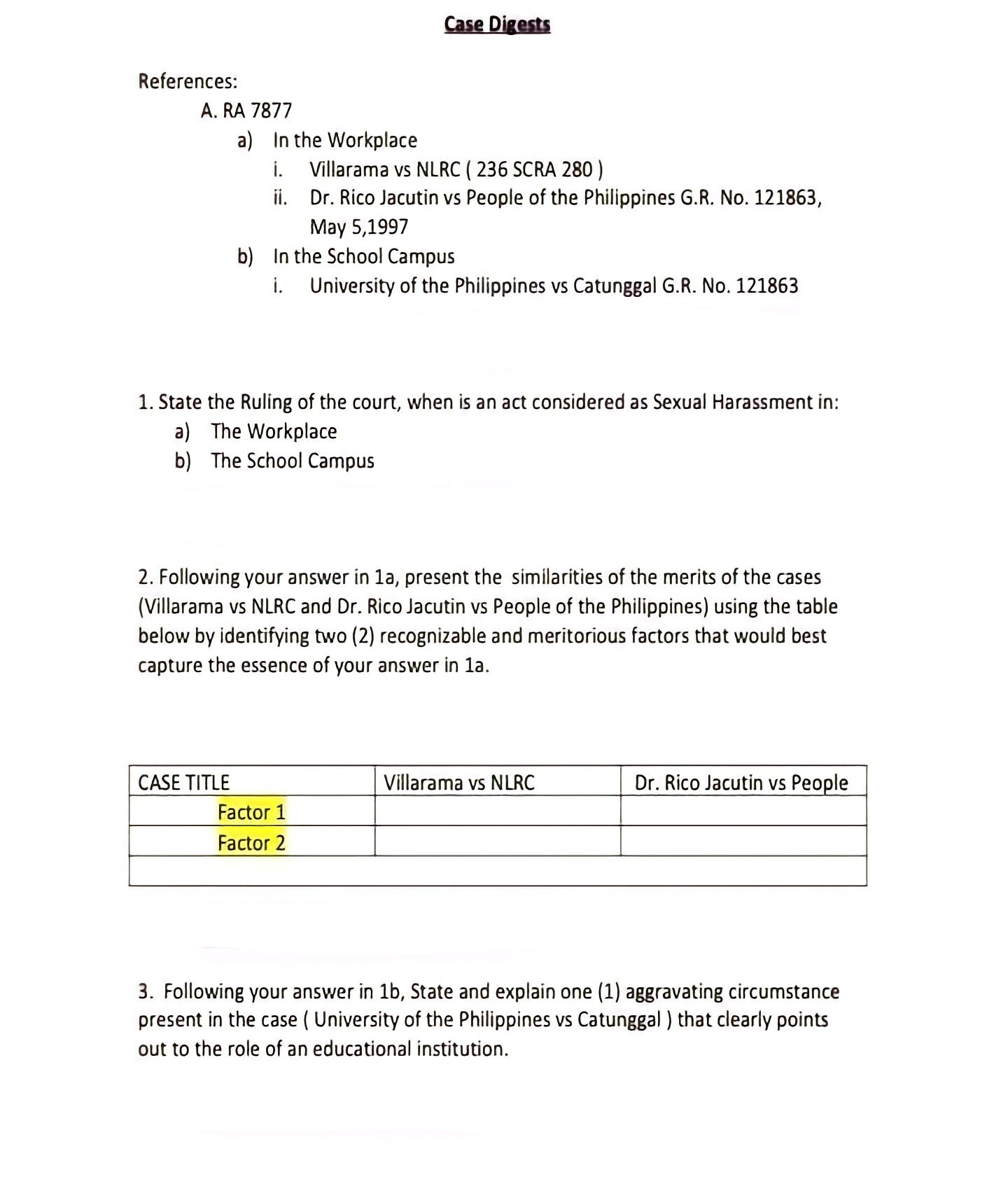 Case Digests References: A. RA 7877 a) In the Workplace 1.