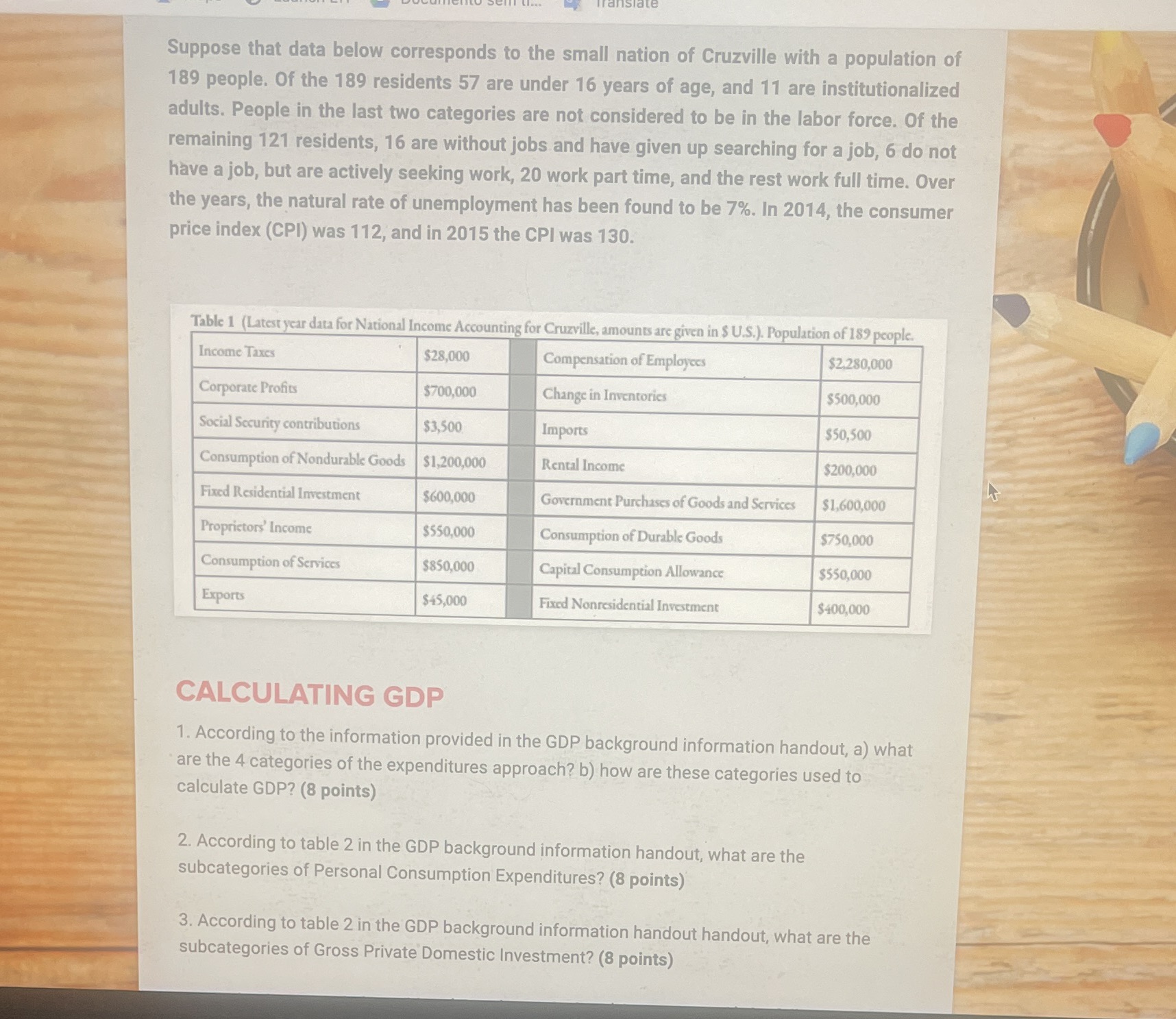 4. Use the data provided in Table 1 (above), to calculate(show your