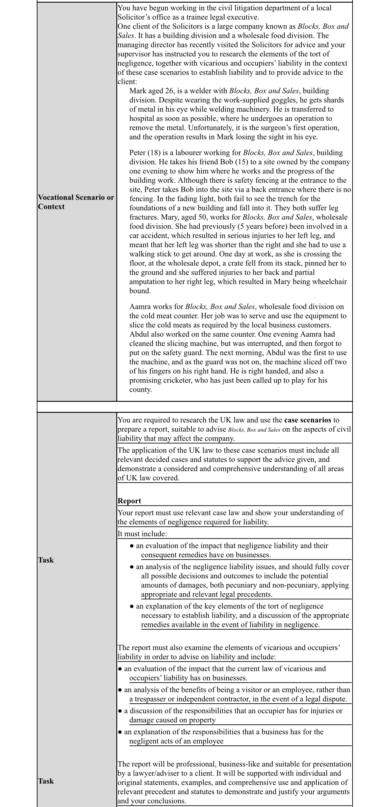  Vocational Scenario or Context Task Task You have begun working in