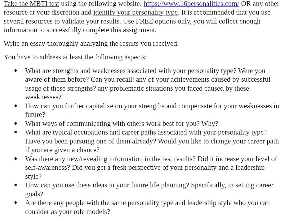  Take the MBTI test using the following website: https:wunvlpersonalitiescon OR any