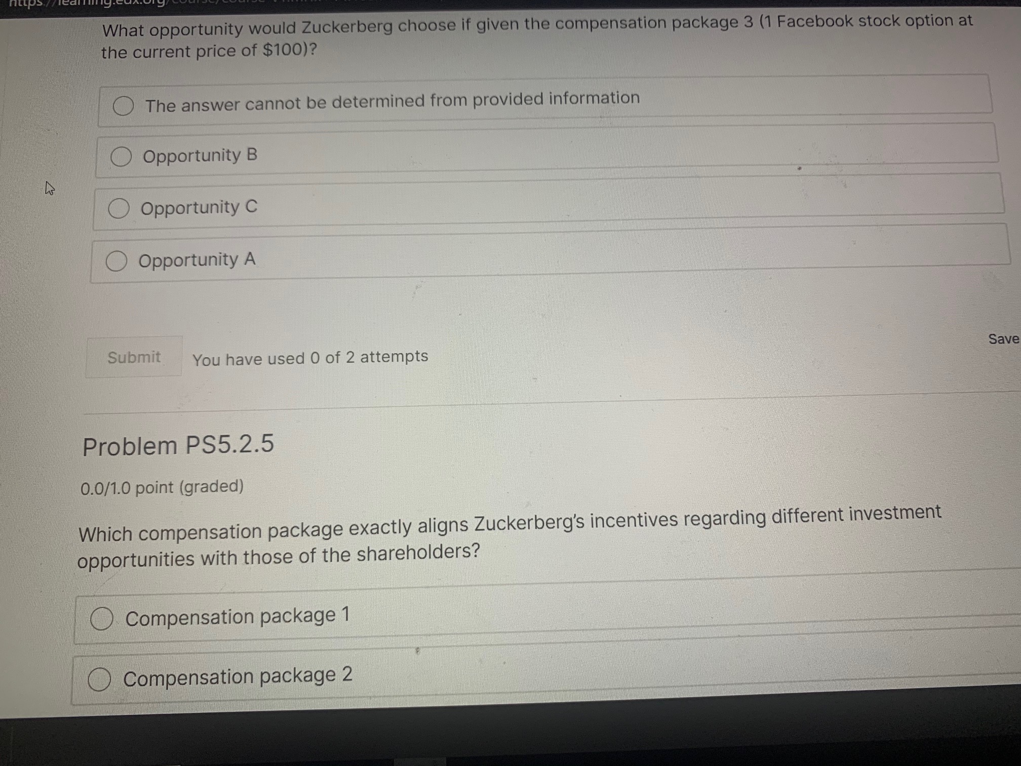 on three potential compensation packages. In compensation package 1, Zuckerberg would be