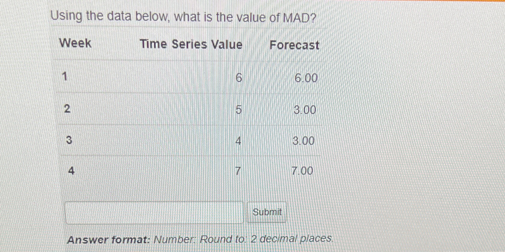 Using the data below, what is the value of MAD? Week