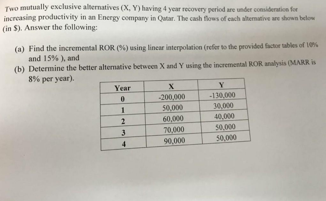do not solve on excel Two mutually exclusive alternatives (X, Y) having