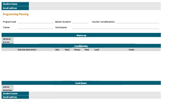  Student Name Email address Programming Planning Program type Session duration Injuries/