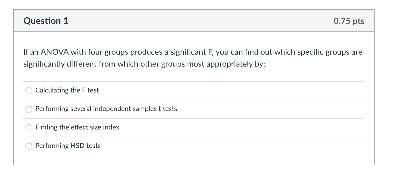 Please help me !!! Question 1 0.75 pts If an ANOVA with