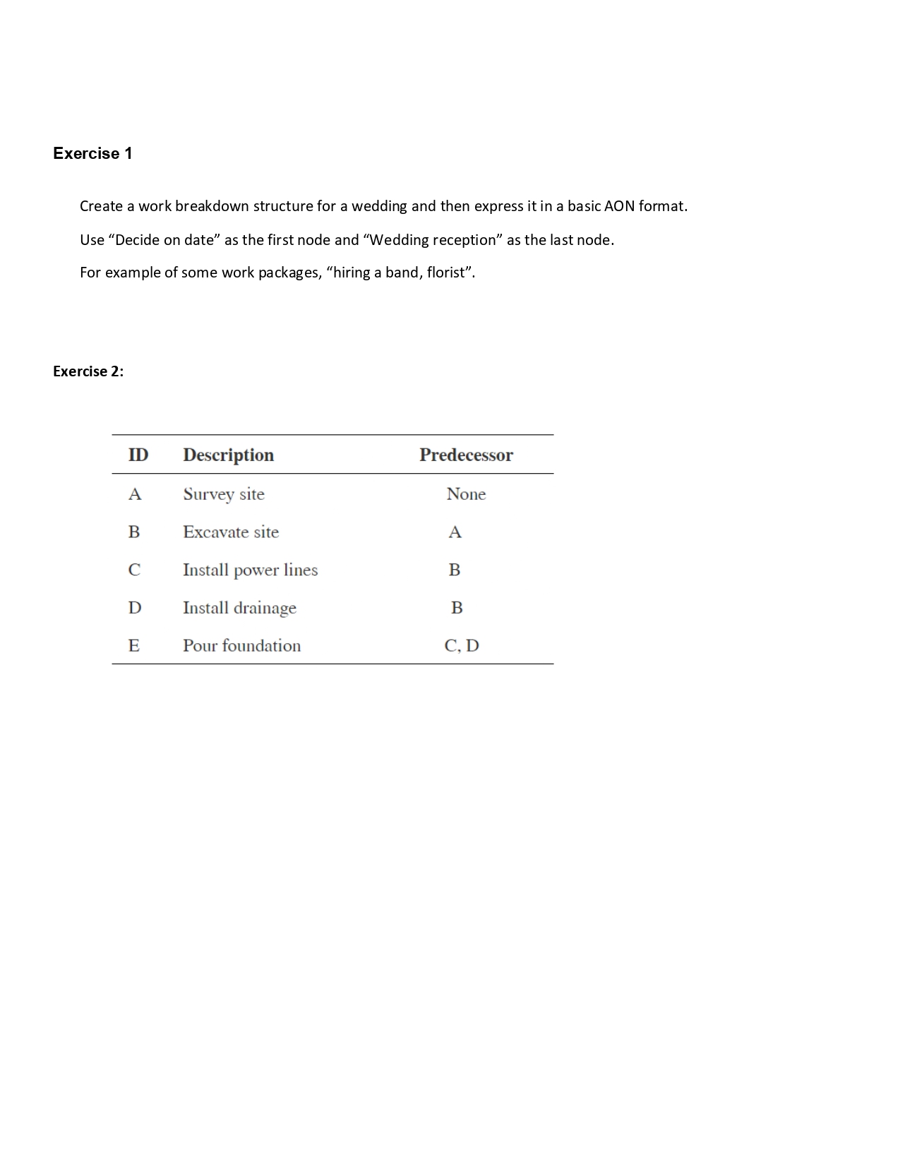 example of some work packages, \"hiring a band, florist". Exercise 2: Description