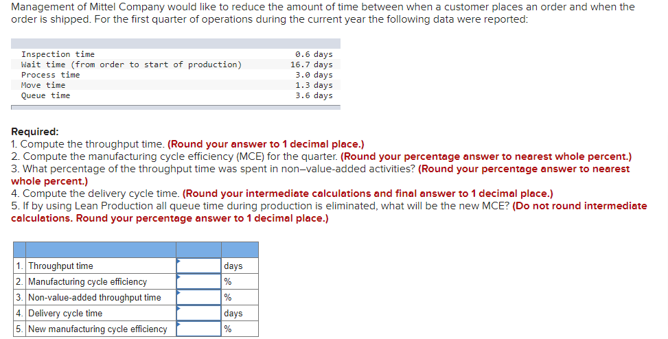 Required:1. Compute the throughput time. (Round your answer to 1 decimal place.)2.