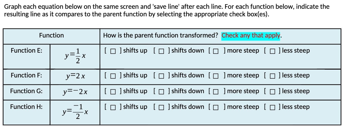  Graph each equation below on the same screen and 'save line'
