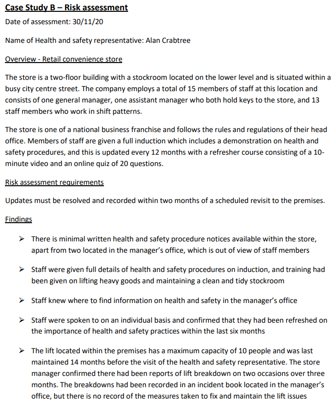 note of the assessment outcomes of the health and safety representative and